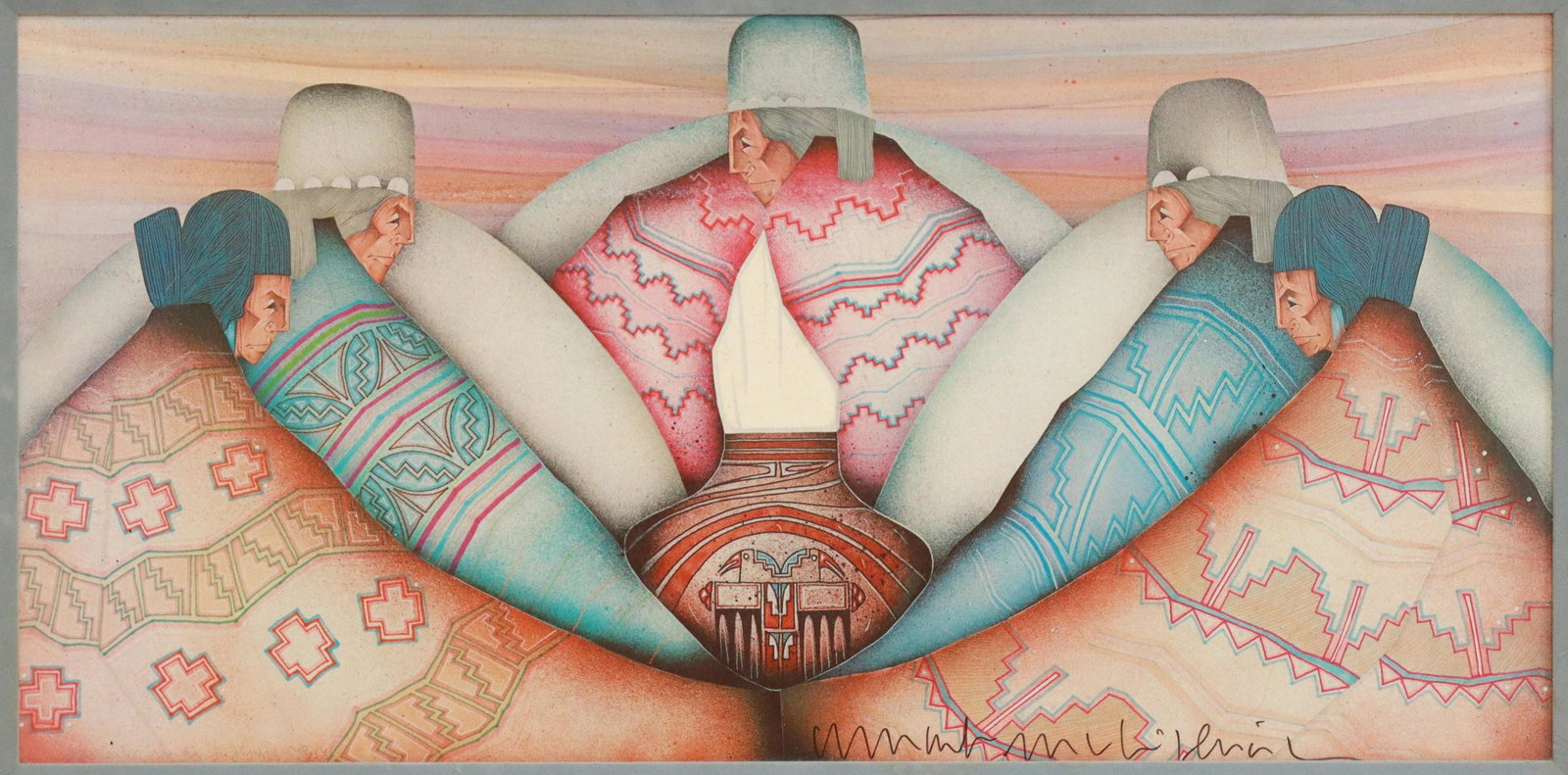 AMADO MAURILIO PENA, JR. (B.1943) PRINT ON CANVAS: Framed offset print on stretched canvas, Figures with Olla, signed lower right Amado Maurilio Pena, Jr. (Texas, Arizona, b.1943), sight: approx 15.5"h, 31.5"w, overall: 18"h, 34"w, 5lbs **Provenance: 