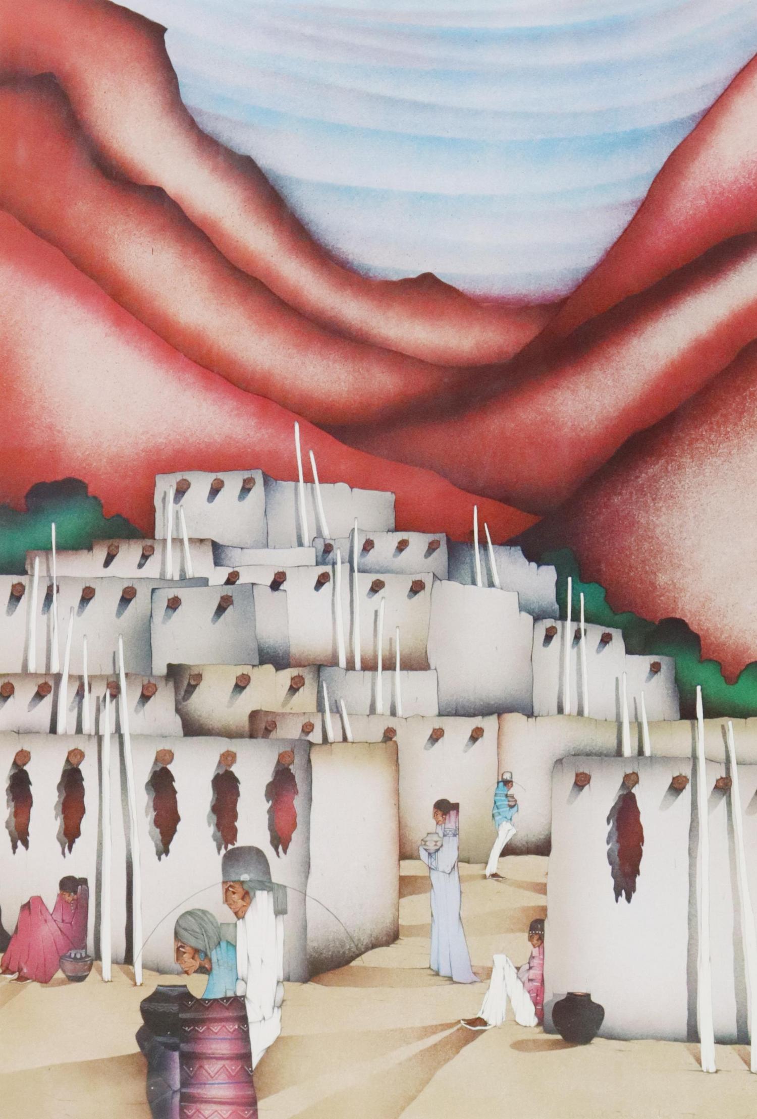 AFTER AMADO MAURILIO PENA, JR. (B.1943) PRINT: Framed offset print on paper, Pueblo, signed in the print lower right Amado Maurilio Pena, Jr. (Texas, Arizona, b.1943), sheet: approx 19.5"h, 28.5"w, overall: 40.5"h, 31"w, 15lbs **Provenance: From t