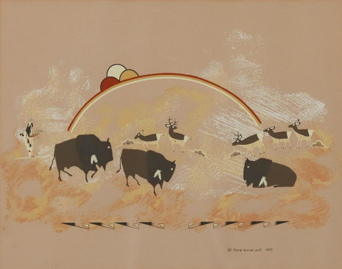 ROBERT MONTOYA (B.1947) THANKING ANIMALS SERIGRAPH: Framed serigraph (silkscreen) on paper, "Thanking the Animals Ceremony," signed in the print lower right Soe-Kuwa-Pin (Robert Montoya, Ohkay Owingeh/ San Juan, b.1947), dated 1975, sight: approx 15"h,