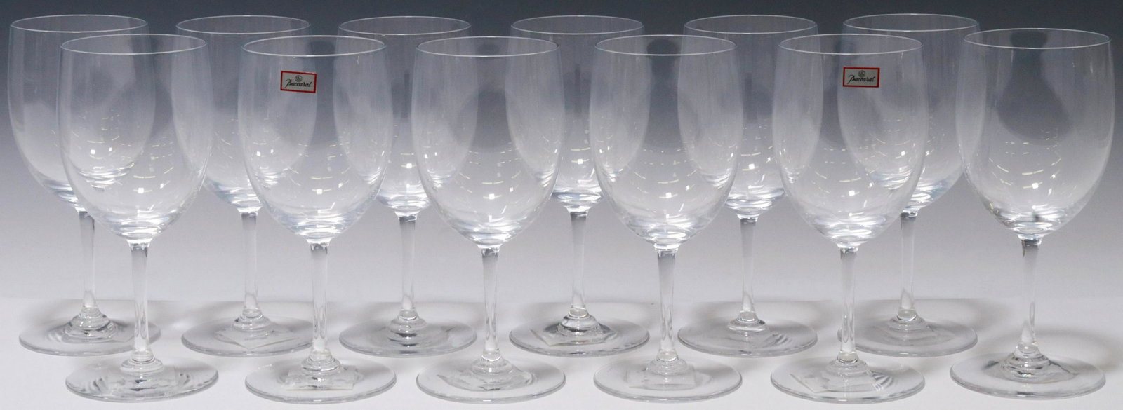 (12) BACCARAT 'PERFECTION' CRYSTAL WATER GOBLETS: (lot of 12) French crystal water goblets, Baccarat, in the "Perfection" pattern, all bearing acid-etched mark underfoot, retaining adhesive Barnebys retail label and original box, 6.5"h, 2.75"diam, bo