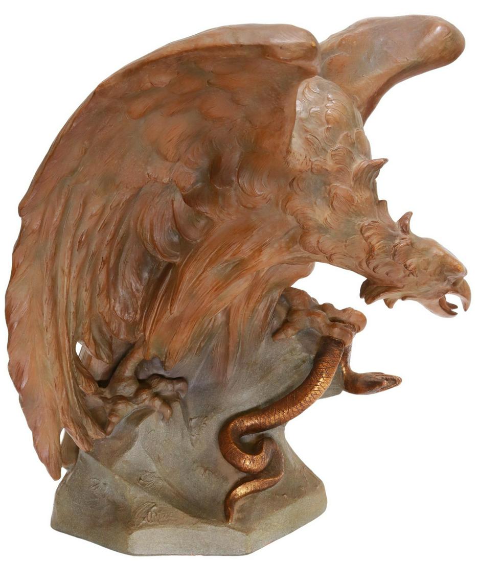 AFTER A.H. NELSON (D.1919) CERAMIC EAGLE SCULPTURE: Painted terracotta sculpture, Eagle Gripping Snake, signed in cast Nelson (Alphonse-Henri Nelson, French, 1854-1919), marked 633, on naturalistic rocky plinth, approx 20"h, 20"w, 18"d, 28lbs Start Pri