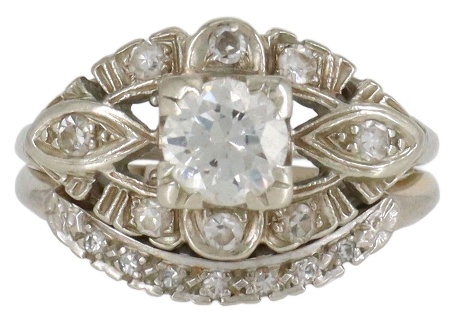 (2) ESTATE GOLD & DIAMOND WEDDING RING SET: (lot of 2) Estate gold wedding ring set, including: (1) ring, central diamond, framed by eight additional diamonds, approx 0.75cttw, average color: H-I, average clarity: SI-I2, head tests as 18kt, sha