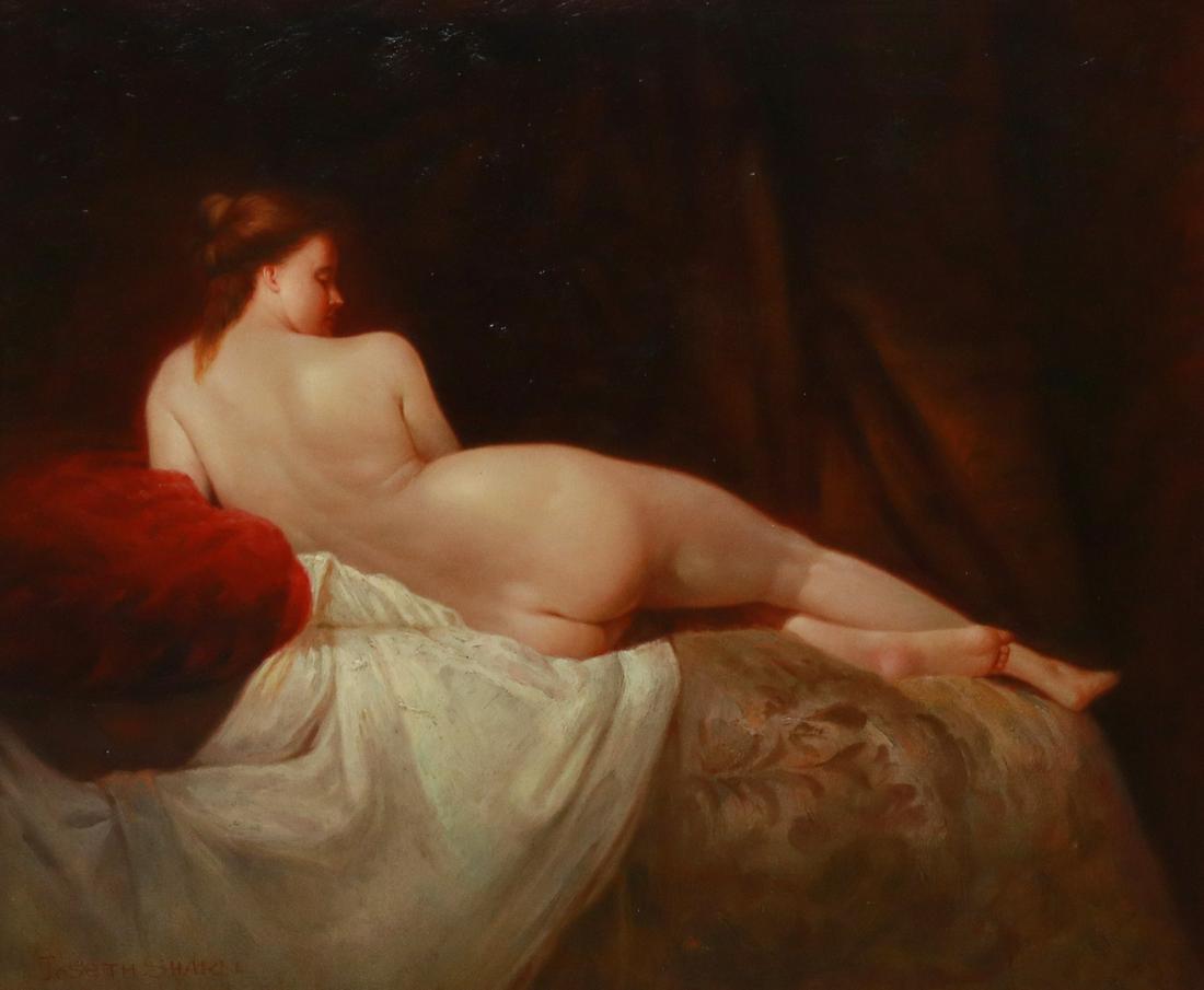 JOSETH SHARN (20TH C.) RECLINING FEMALE NUDE: Framed oil on canvas painting, Reclining Female Nude, signed lower left Joseth Sharn (20th c.), sight: approx 19"h, 23"w, overall: 33.5"h, 37.5"w, 20lbs Start Price: $150.00