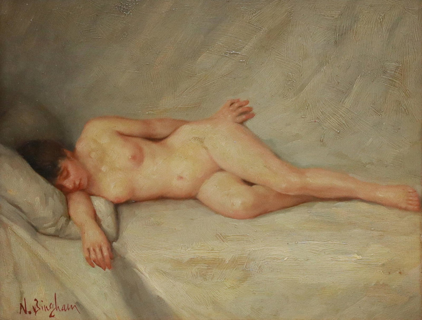 N. HENRY BINGHAM (B.1939) RECLINING FEMALE NUDE: Framed oil on panel painting, Reclining Female Nude, signed lower left N. Bingham (N. Henry Bingham, American, b.1939), sight: approx 7.25"h, 9.25"w, overall: 16.5"h, 18.5"w, 3.75lbs Start Price: $100