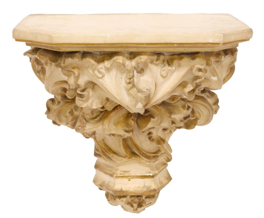 FRENCH GOTHIC REVIVAL CAST PLASTER CORBEL: Gothic Revival cast plaster architectural corbel, Charles Pillet (French, 1869-1960), Paris, late 19th c., scrolling leaves with parcel gilt accents, approx 15.5"h, 15.5"w, 12.25"d, 20lbs Start Price: