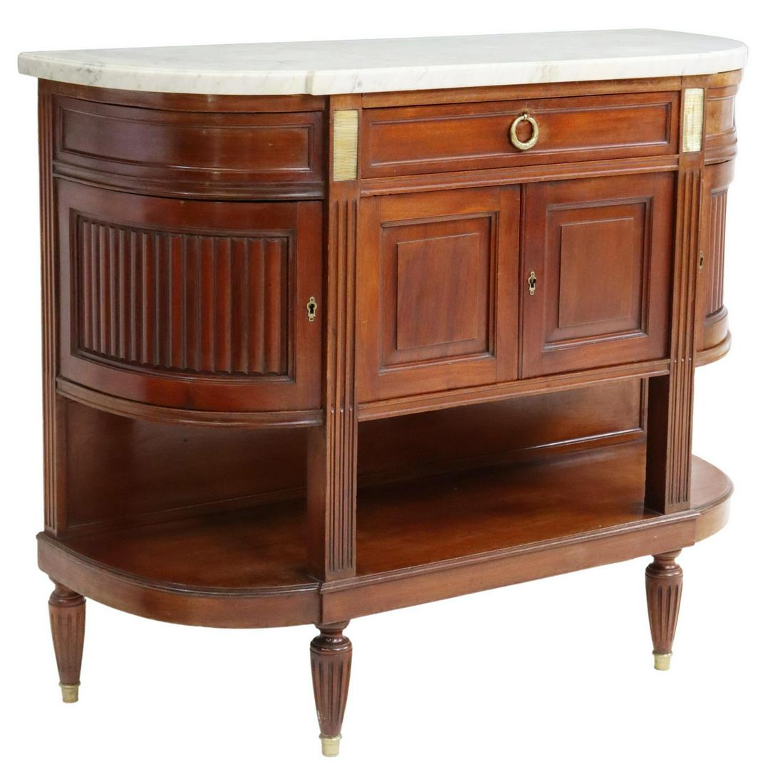 FRENCH LOUIS XVI STYLE MARBLE-TOP MAHOGANY SERVER: French Louis XVI style mahogany server, 20th c., having shaped marble top, single drawer, over central dual cabinet doors, flanked by corner cabinet to each side, fluted supports, rising on tapered le