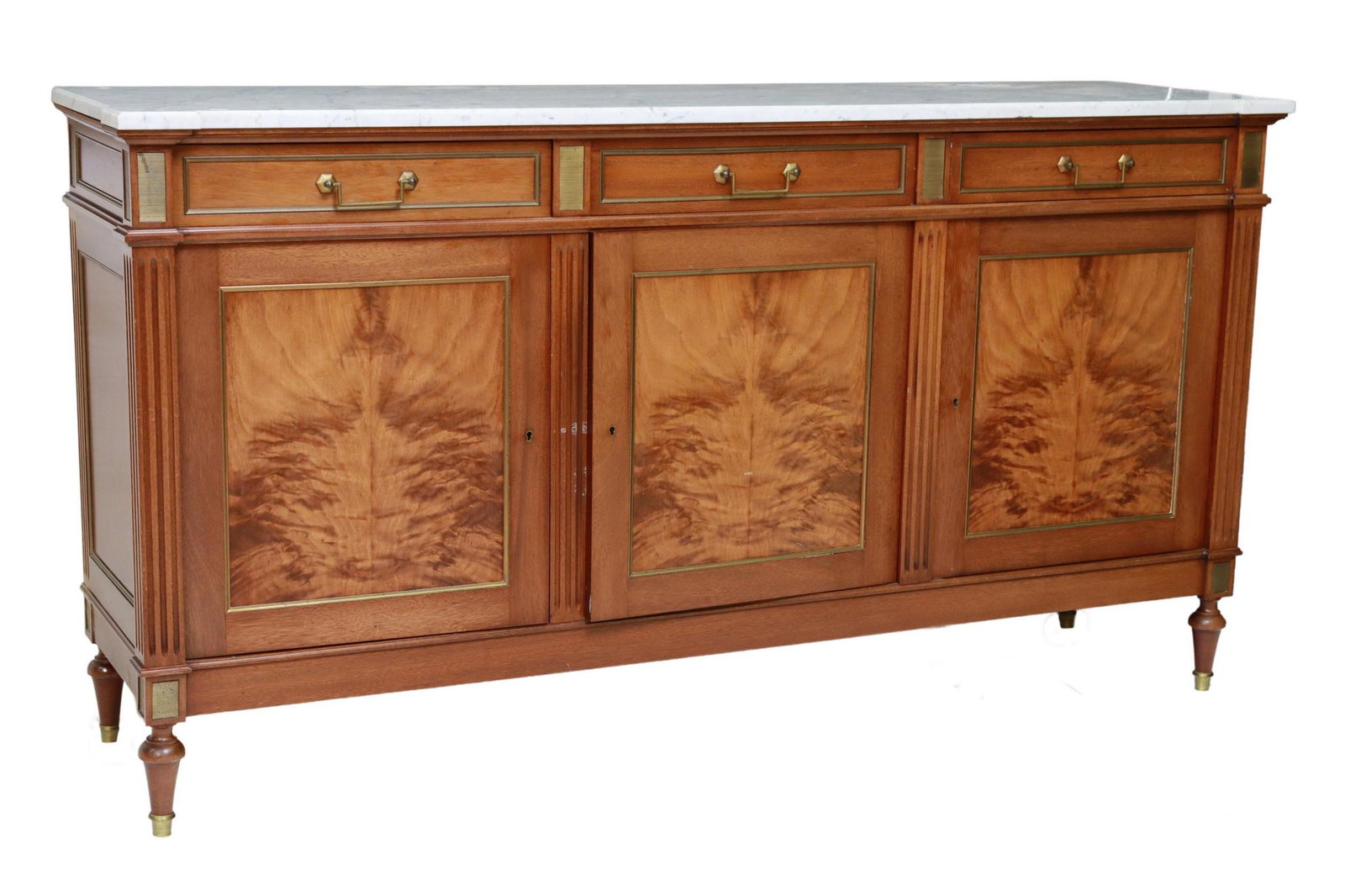 LOUIS XVI STYLE MARBLE-TOP MAHOGANY SIDEBOARD: French Louis XVI style marble-top sideboard, 20th c., mahogany case fitted with three drawers, over three cabinet doors, interior shelves, rising on tapered legs, approx 41.5"h, 77.5"w, 20"d Start Pri