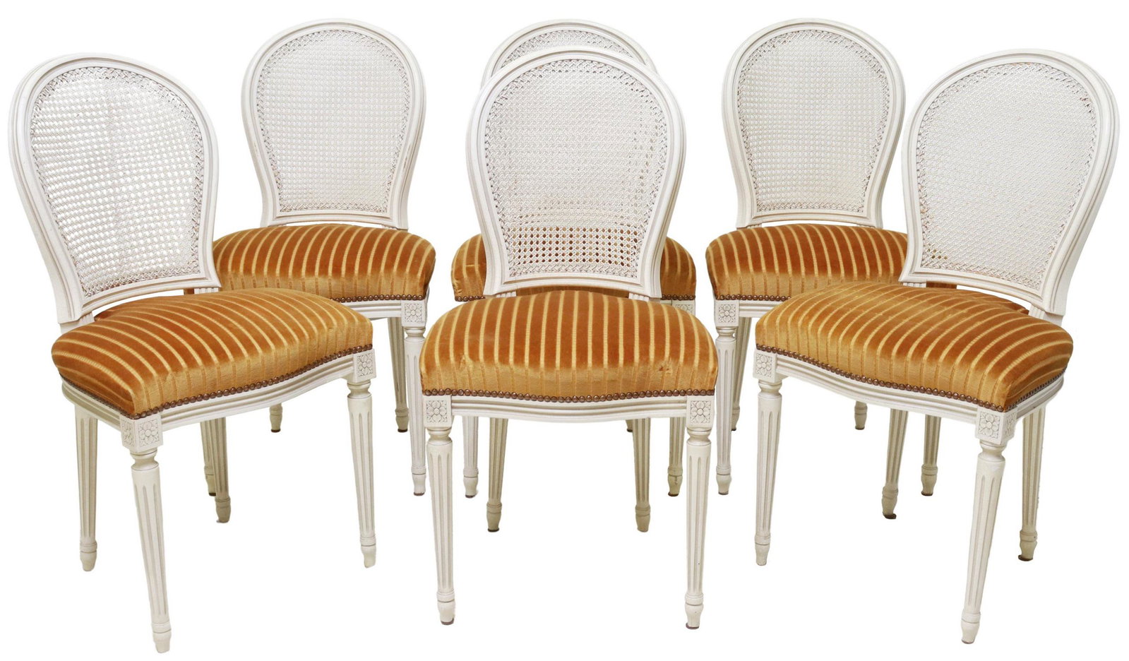 (6) LOUIS XVI STYLE CANED & PAINTED DINING CHAIRS: (lot of 6) French Louis XVI style painted wood dining chairs, early 20th c., having caned medallion back, over padded seat in striped velvet upholstery, nailhead trim, rising on fluted tapered legs, e