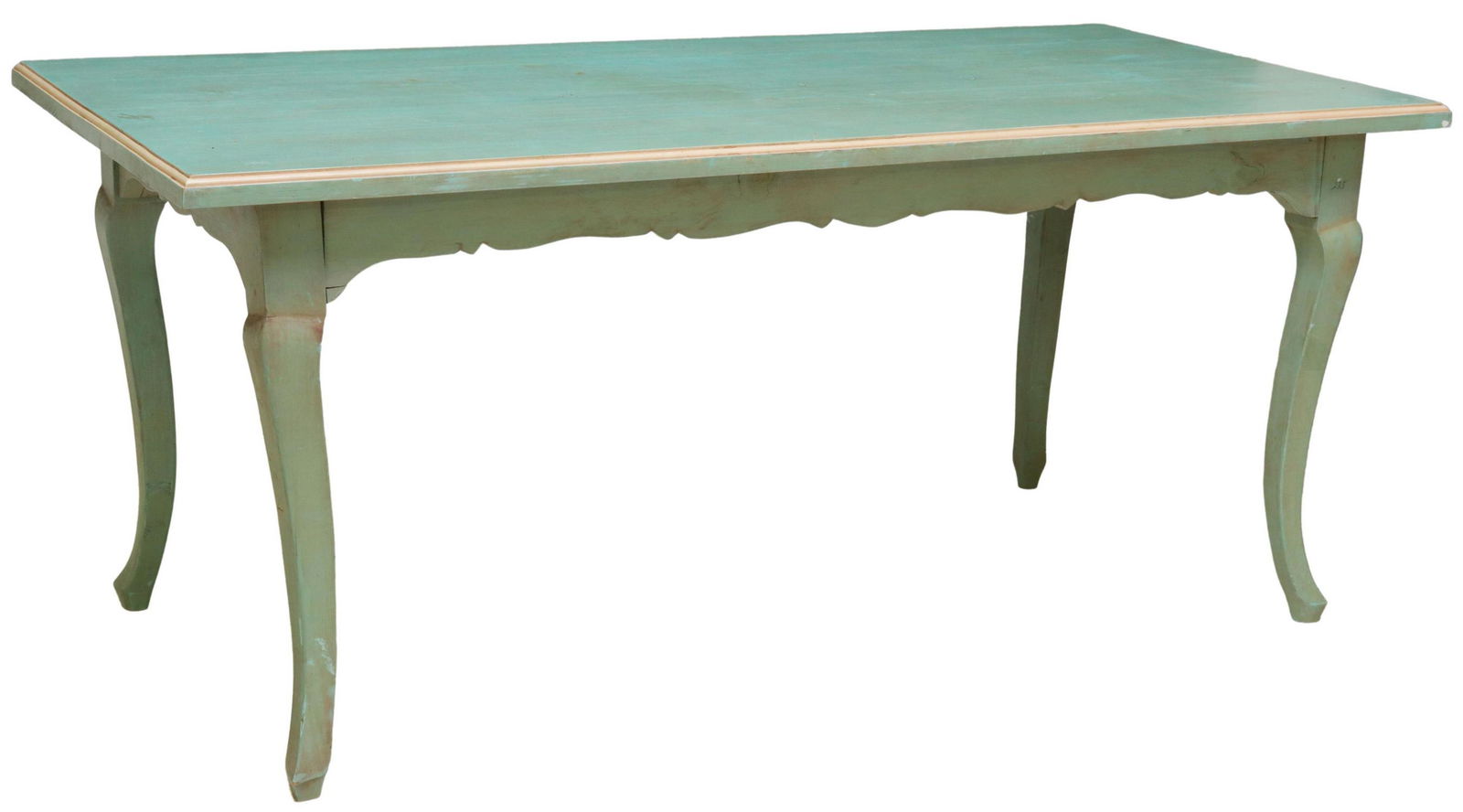 FRENCH LOUIS XV STYLE PAINT-DECORATED TABLE, 67"L: French Louis XV style paint-decorated table, 20th c., having rectangular top, over scalloped apron, rising on cabriole legs, approx 29.25"h, 67"l, 30.75"w, floor to apron: 24.25"h Start Price: $200.00