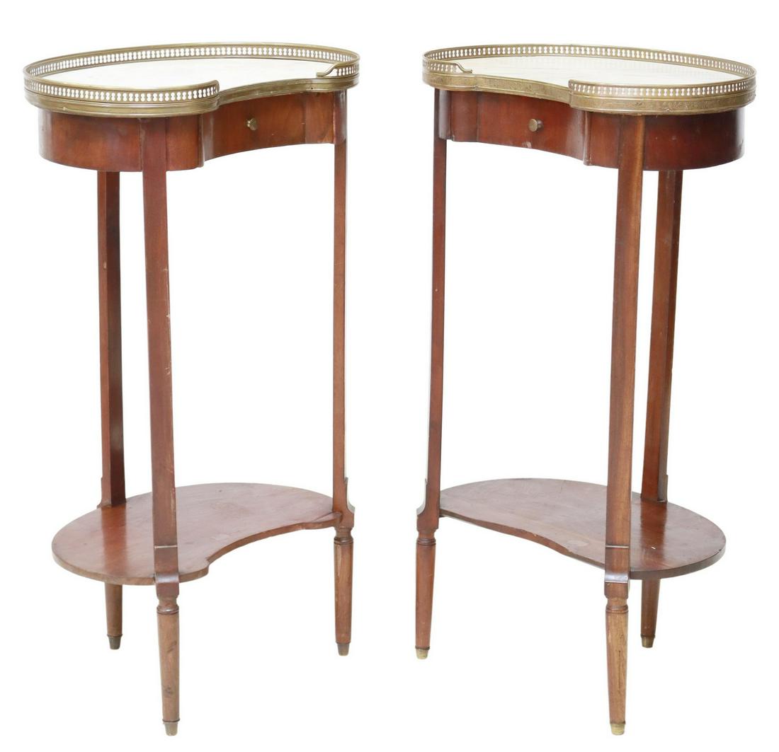 (2) FRENCH LOUIS XVI STYLE KIDNEY-FORM NIGHTSTANDS: (pair) French Louis XVI style nightstands, 20th c., kidney shaped case, pierced metal gallery enclosing the marble top, single frieze drawer, medial tier, rising on tapered legs, marble tops intact wi