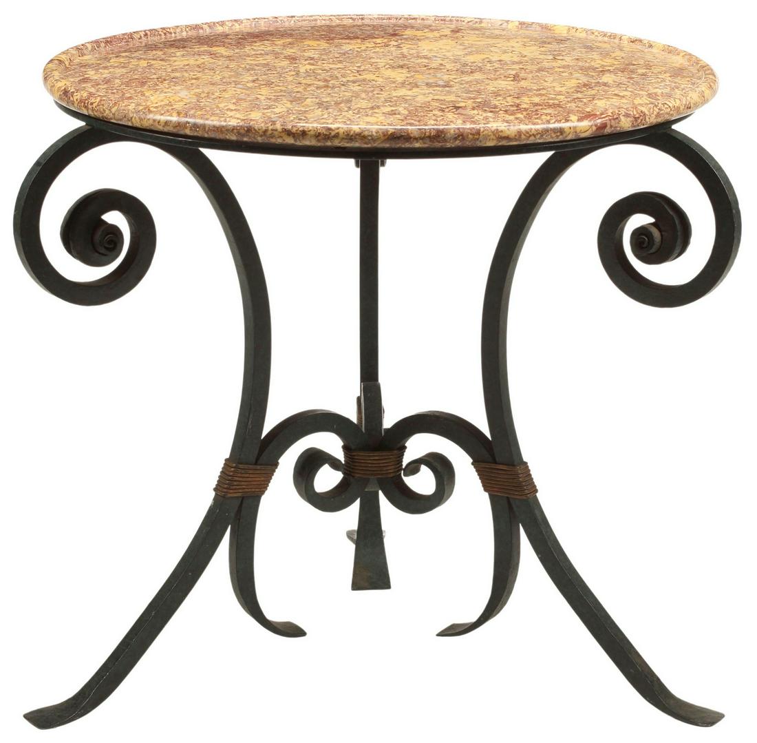 MARBLE-TOP WROUGHT IRON TRIPOD CENTER TABLE: Marble-top wrought iron table, approx 30"h, 36"diam Start Price: $200.00