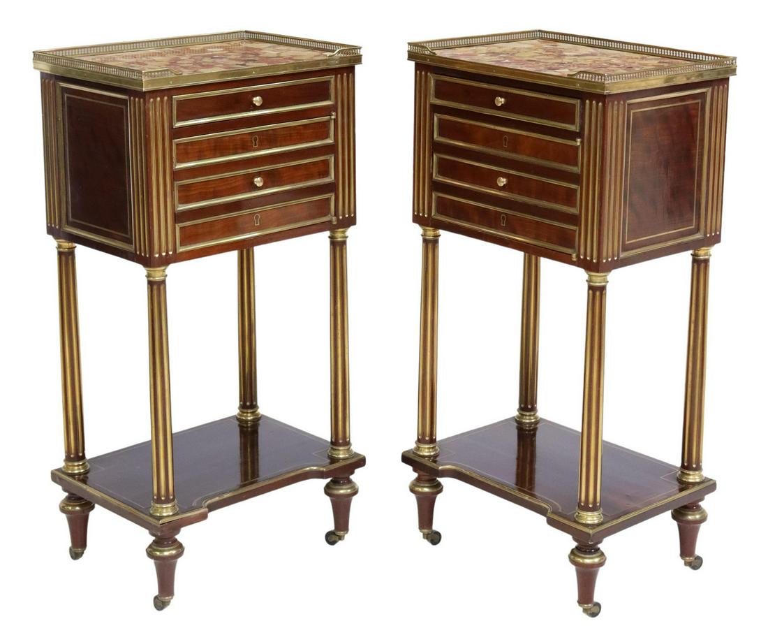 (2) FINE LOUIS XVI STYLE MAHOGANY BEDSIDE CABINETS: (pair) French Louis XVI style mahogany nightstands, late 19th c., pierced brass three-quarter gallery, enclosing the inset marble top, single drawer, over cabinet door with faux drawer fronts, marble-