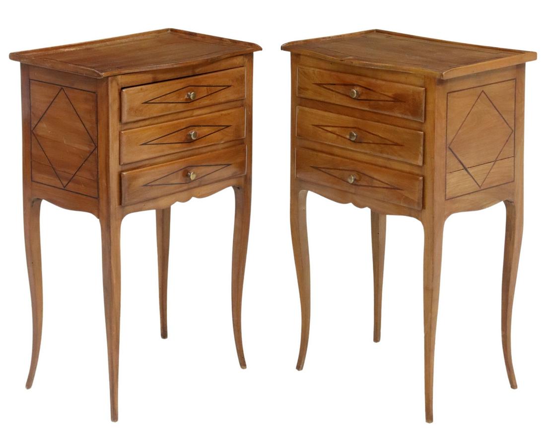 (2) ITALIAN INLAID STRINGWORK NIGHTSTANDS: (pair) Italian nightstands, 20th c., having shaped top, over three drawers, with inlaid string in a diamond pattern, rising on cabriole legs, approx 26"h, 16"w, 11.5"d Start Price: $200.00