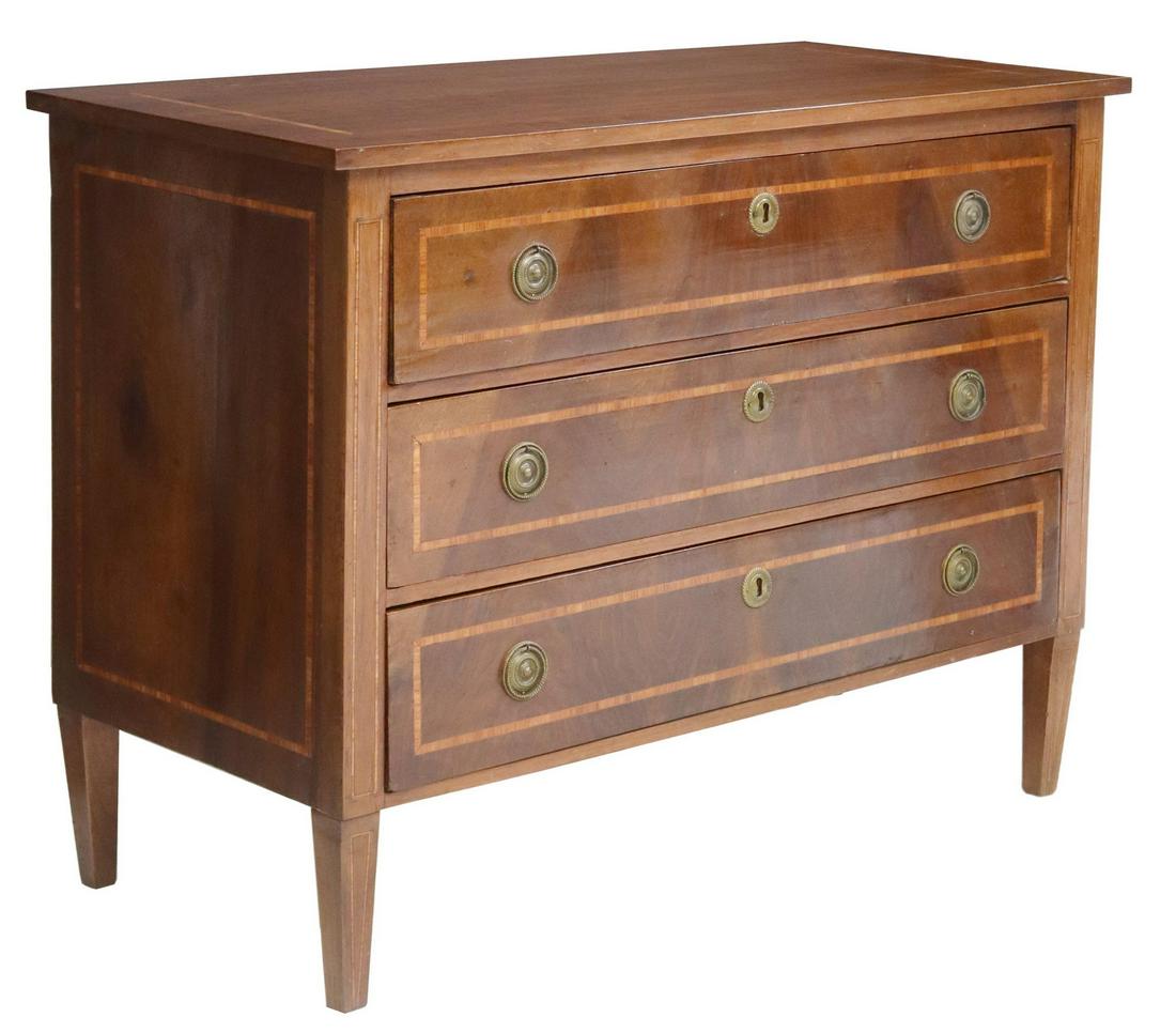 NEOCLASSICAL STYLE BANDED MAHOGANY COMMODE: Neoclassical style mahogany commode, early 20th c., banded top, three drawers, rising on tapering square legs, separation at side panels, approx 33.5"h, 44.5"w, 21"d Start Price: $550.00