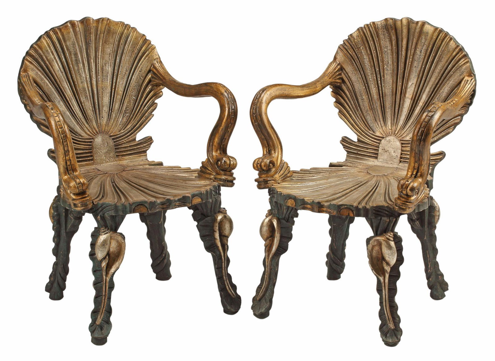 (2) GROTTO STYLE PARCEL GILT SHELL ARMCHAIRS: (pair) Grotto style parcel gilt armchairs, approx 34"h, 24"w, 21"d, seat height: 16.5"h Start Price: $550.00
