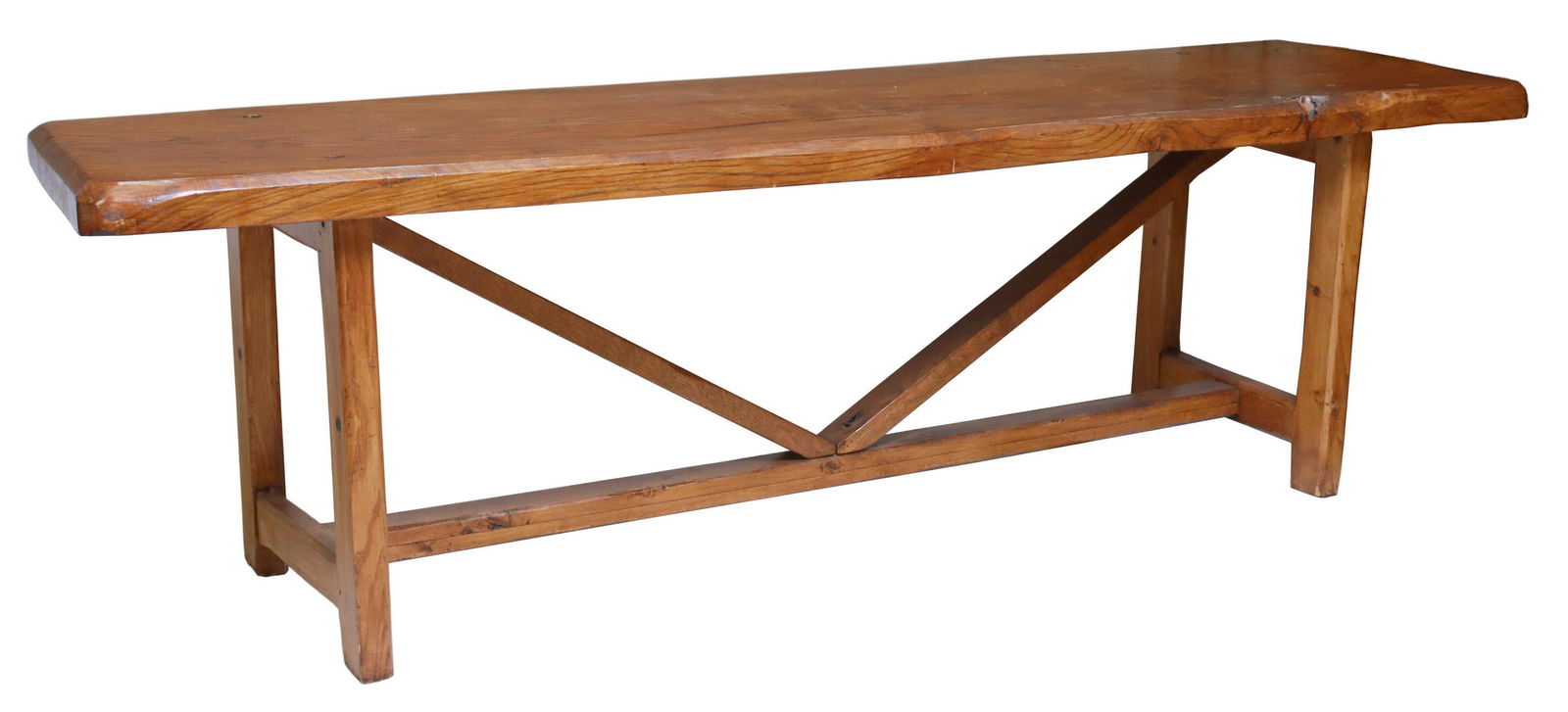 FRENCH SINGLE BOARD TOP FARMHOUSE TABLE, 97"L: French farmhouse table, early 20th c., live edge single-board tabletop, rising on stretcher-joined legs, approx 30"h, 97"l, 27"w, bottom of apron to floor (clearance): approx 26.5"h Start Price: $400.
