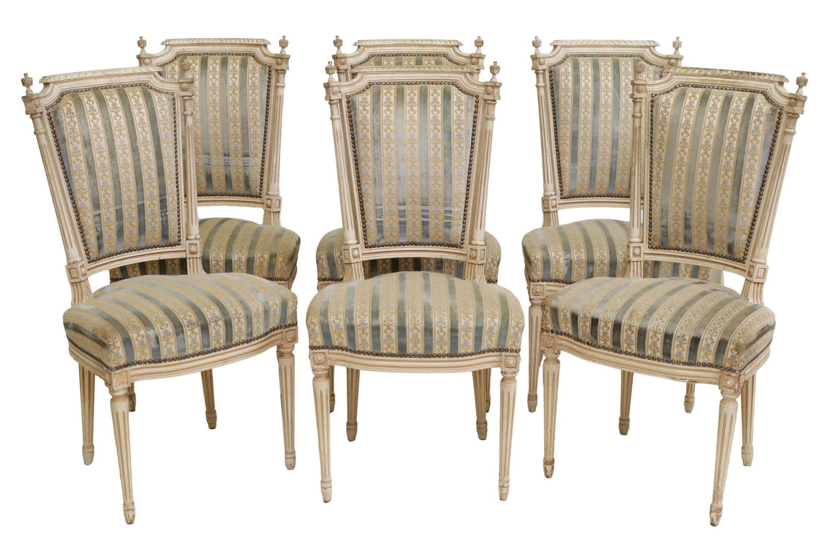 (6) FRENCH LOUIS XVI STYLE PAINTED DINING CHAIRS: (lot of 6) French Louis XVI style painted wood dining chairs, 20thc.., having shaped back with turned finials, striped floral upholstery, nailhead trim, rising on fluted tapered legs, ending in arrow 