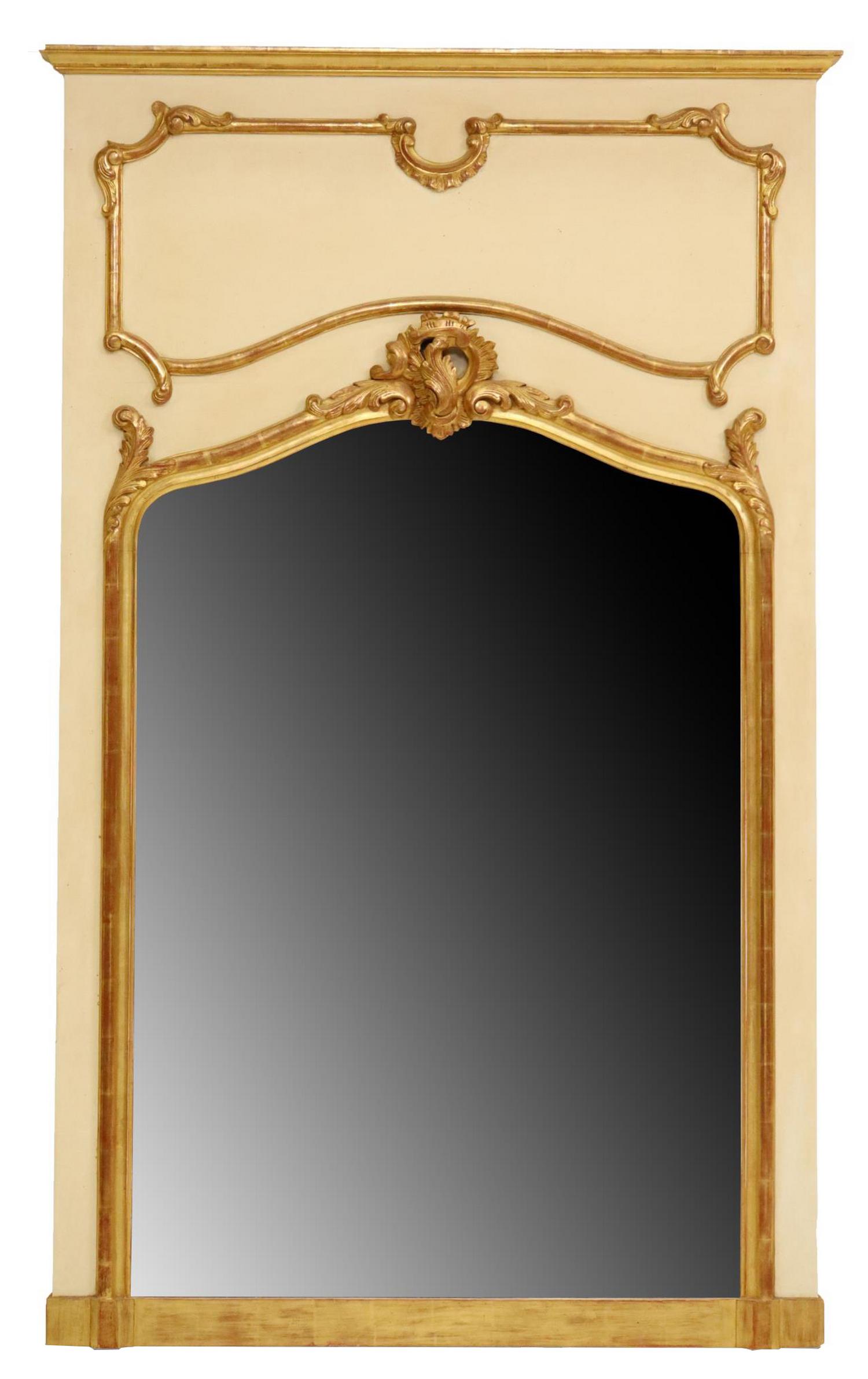FRENCH LOUIS XV STYLE PAINTED WOOD WALL MIRROR: French Louis XV style wall mirror, 19th c., having molded cornice, over painted back board, rocaille giltwood frame, encasing flat mirror plate, approx 67"h, 42"w Start Price: $400.00