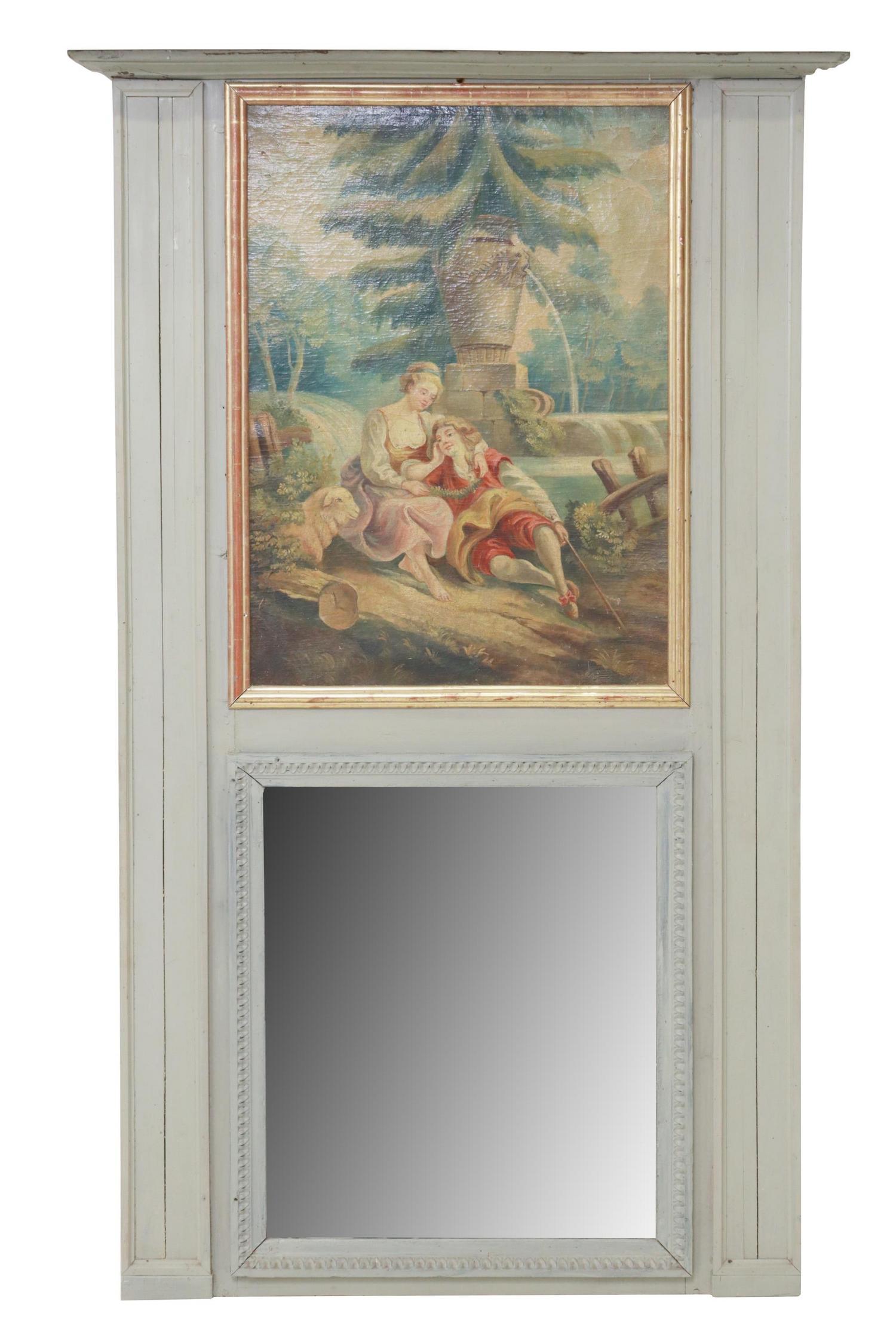 FRENCH ROCOCO STYLE PAINTED TRUMEAU MIRROR: French Rococo style painted trumeau mirror, late 19th c., framed oil on canvas painting depicting pastoral scene with a couple near a fountain, over the flat mirror plate, some silvering loss to mirro