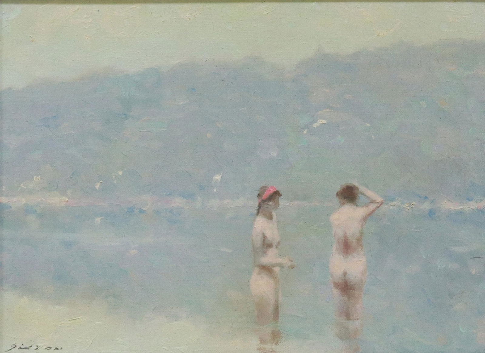 ANDRE GISSON (1921-2003) THE BATHERS, 9" X 12": Framed oil on canvas painting, The Bathers, signed lower left Gisson (Andre Gisson [Anders Gittelson], American, 1921-2003), card verso for Wunderlich Gallery, Austin, Texas, sight: approx 8.5"h, 11.5