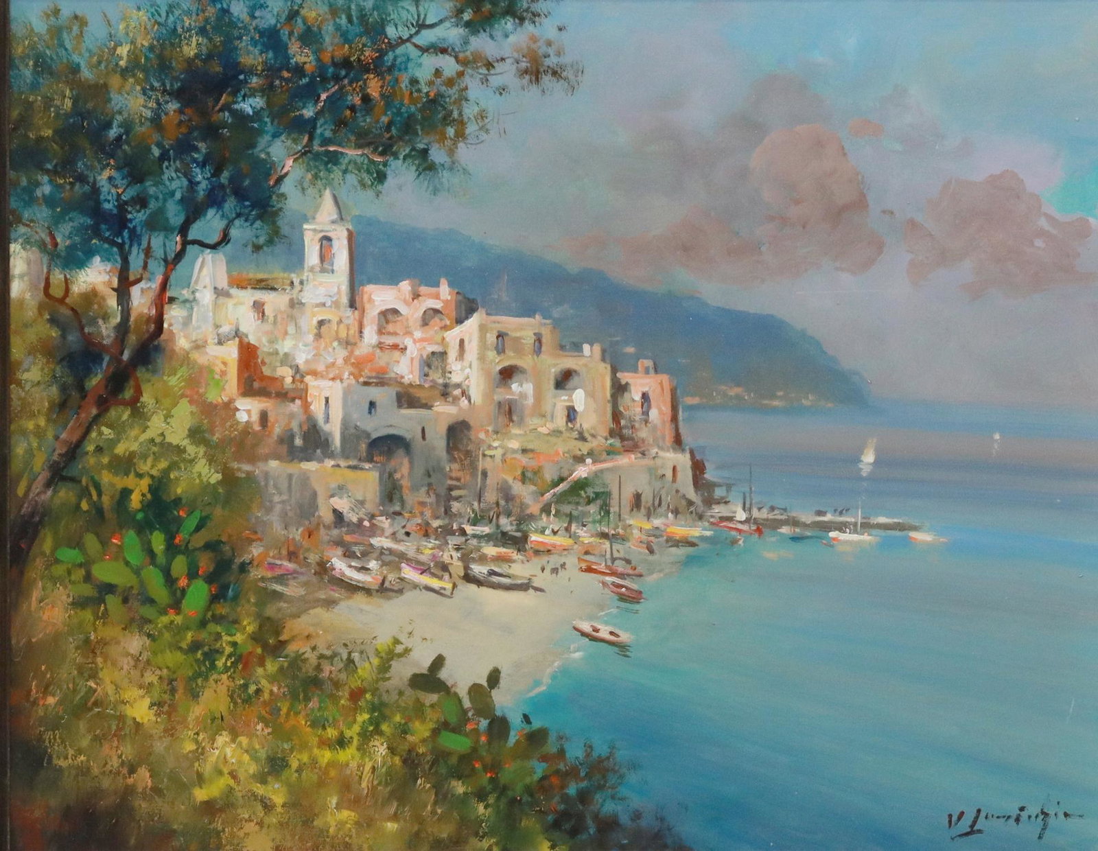 VINCENZO LARICCHIA (B.1940) ITALIAN CITY ON COAST: Framed oil on canvas painting, Italian City on Coast, signed lower right V. Laricchia (Vincenzo Laricchia, Italy, 1940-2017), signed again verso, sight: approx 15.25"h, 19"w, overall: approx 22"h, 24.