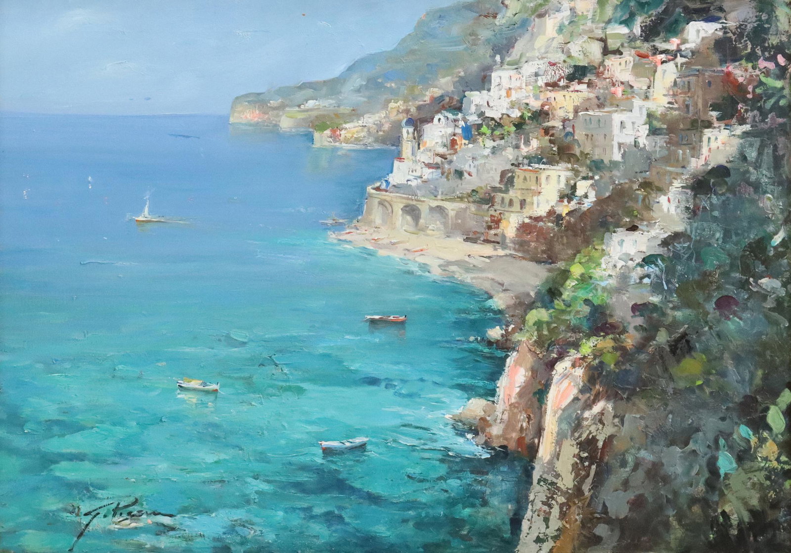 GINO PISANI (B.1967) OIL PAINTING AMALFI COAST: Framed oil on canvas painting, "Costiera Amalfitana" (The Amalfi Coast), signed lower left G. Pisani (Gino Pisani, Italian, b.1967), signed again and titled verso, sight: approx 19"h, 27"w, overall: 2