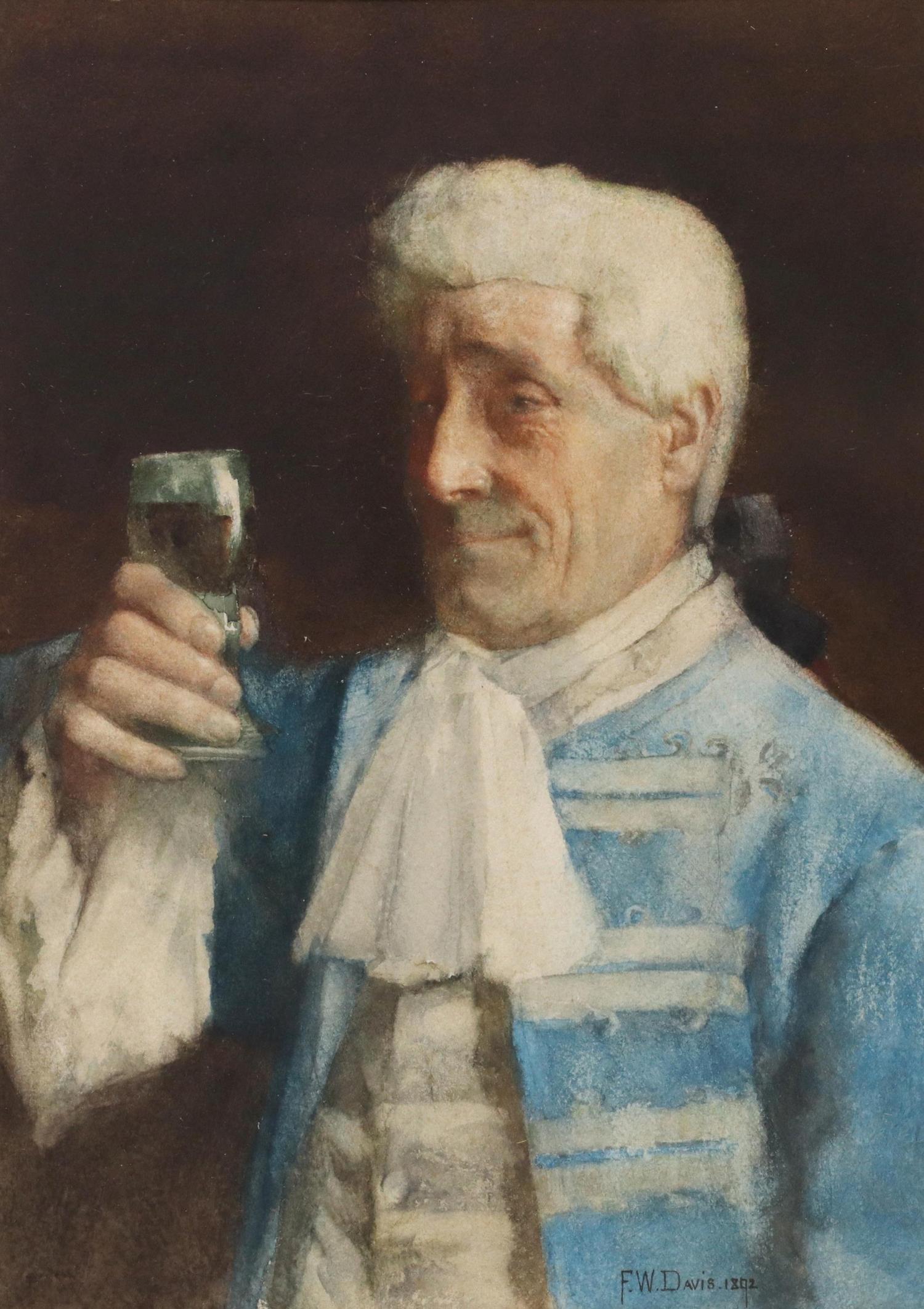 FREDERICK WILLIAM DAVIS (1862-1919) W/C THE TOAST: Framed watercolor painting on paper, The Toast, signed lower right F.W. Davis (Frederick William Davis, British, 1862-1919), dated 1892, label verso for Charles E. Luton, sight: approx 15.25"h, 10.75"
