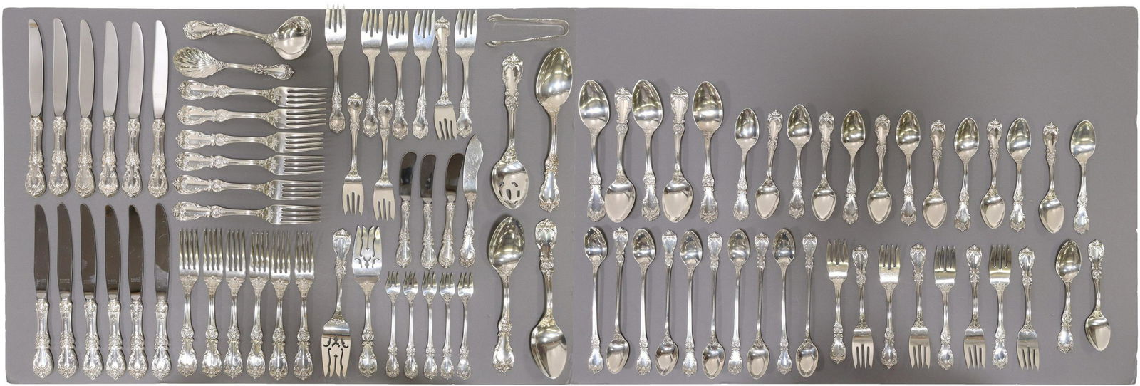 (88) REED & BARTON BURGUNDY STERLING FLATWARE SET: (lot of 88) American sterling silver flatware service, Reed and Barton, in the "Burgundy" pattern, varied marks, including: (12) hollow handle knives, 9.5"l, (12) forks, 7 7/8"l, (16) salad forks, 6.5