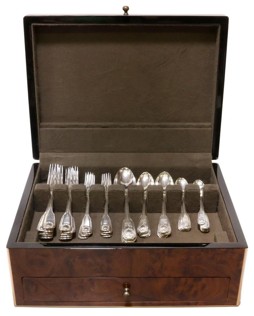 (41) ENGLISH STERLING ARMORIAL SHELL TIP FLATWARE: (lot of 41) English armorial sterling silver flatware, William Eaton, London, in the Old English Shell pattern, c. 1831 (q date code), all with incised goat passant with oak leaf to either front or ba