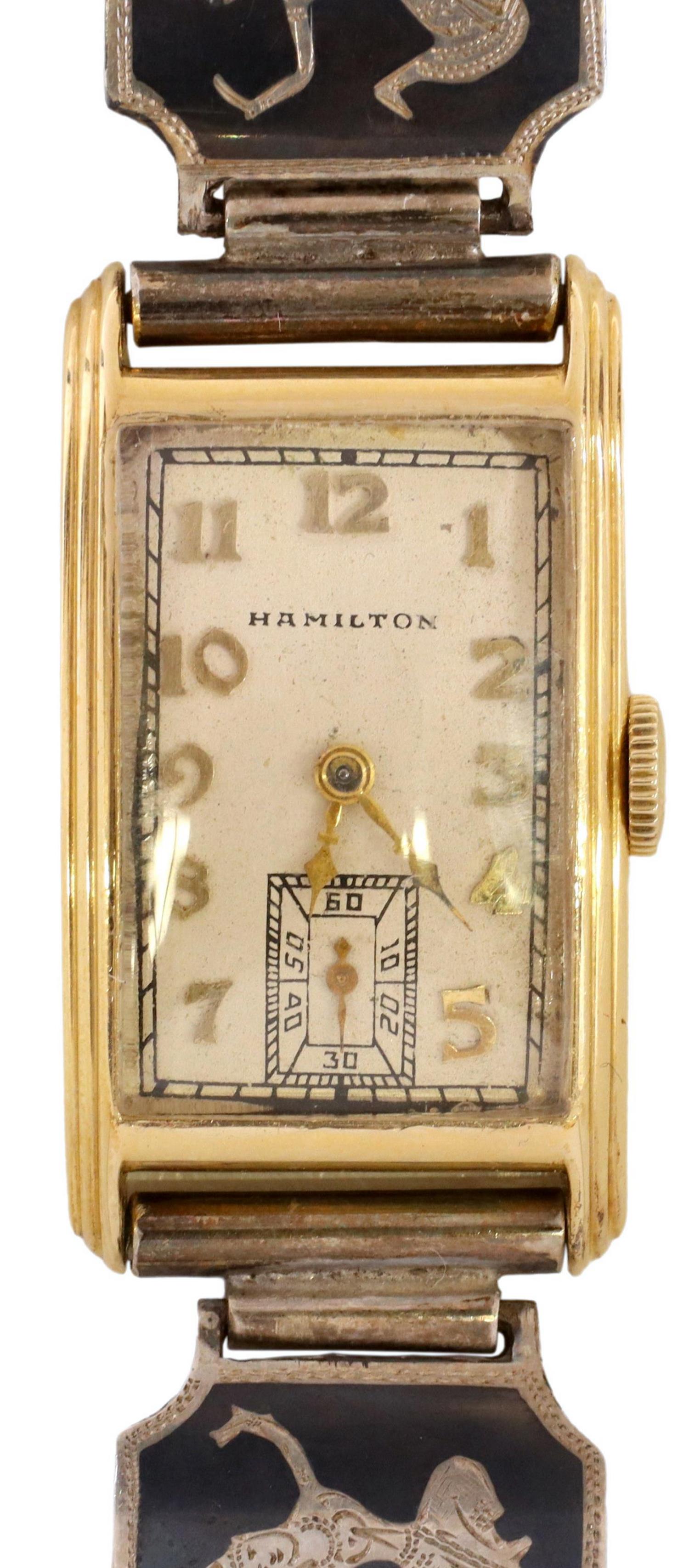 ESTATE HAMILTON 14KT CASE WATCH, SIAM BRACELET: Estate Hamilton wristwatch, 14kt yellow gold case, Arabic numeral hour markers, seconds subdial, on a later Siam sterling silver bracelet, back of watch case monogrammed; 45.0 grams total (inclusive o