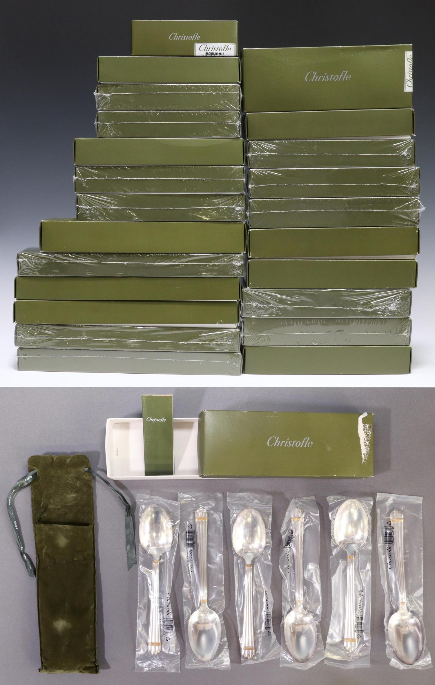 123) CHRISTOFLE ARIA GOLD SILVERPLATE FLATWARE SET: (lot of 123) French silverplate flatware service, Orfevrerie Christofle, in the "Aria Gold" pattern, including: (18) hollow handle dinner knives, 9 5/8"l, (18) forks, 8 1/8"l, (18) luncheon forks, 7 3