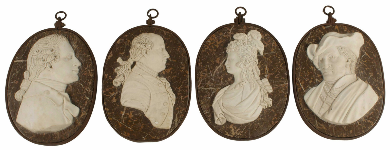 (4) IRON-FRAMED MARBLE PORTRAIT MEDALLIONS: (lot of 4) Marble portrait medallions, with wrought iron mount, approx 18"h, 12.5"w, 95lbs total Start Price: $750.00