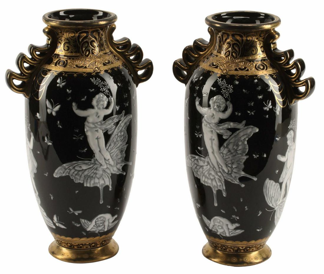 (2) MINTON STYLE PATE-SUR-PATE PORCELAIN VASES: (pair) Minton style pate-sur-pate porcelain vases, 20th c., spurious gilt Minton mark to the underside, approx 13"h, 8"w, 6"d, 8.5lbs total Start Price: $150.00