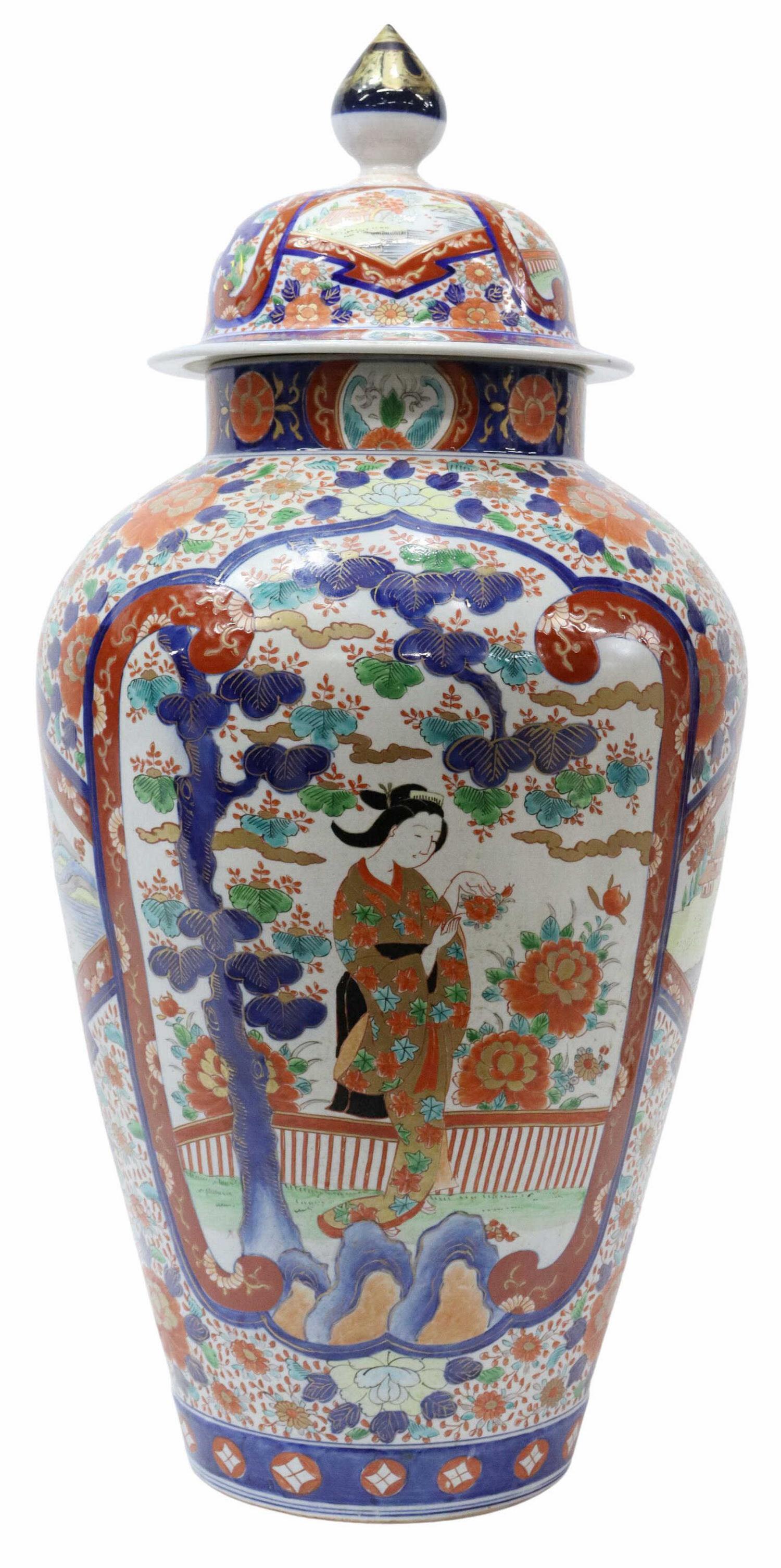 LARGE JAPANESE IMARI PORCELAIN COVERED JAR, 29"H: Large Japanese Arita porcelain ginger jar with cover, four character mark underfoot, chipping at inner rim edge, approx 29"h, 13.5"diam, 33lbs Start Price: $175.00