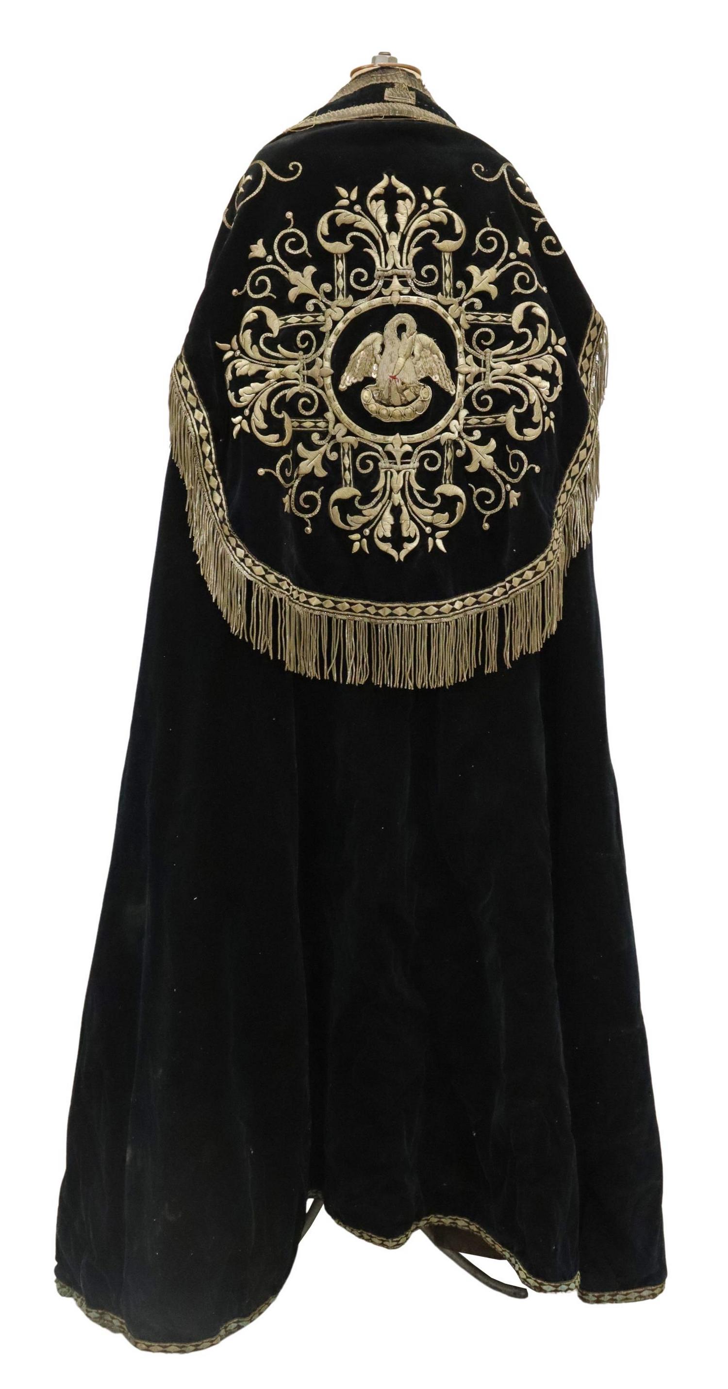 3) VELVET METALLIC EMBROIDERY LITURGICAL VESTMENTS: (lot of 3) Continental liturgical vestments, late 19th c., having black velvet ground, with metallic thread embroidery and raised accents, including: (1) cope, having central sequined pelican motif at