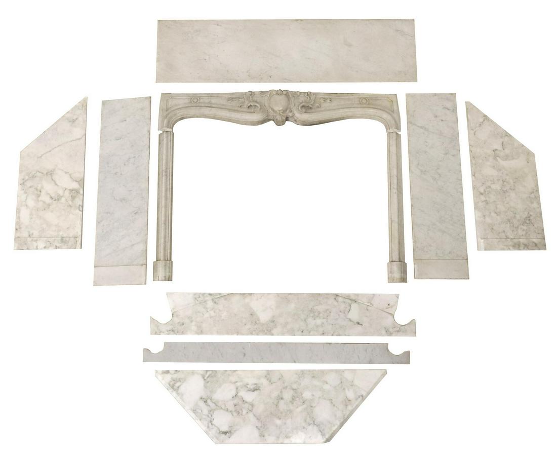 ITALIAN CARVED MARBLE FIREPLACE SURROUND PANELS: Architectural Italian carved marble fireplace surround panels, 19th/ 20th c., in eleven pieces, not currently assembled, (one) panel with angled edge intact with restorations, mantel shelf: approx 57"