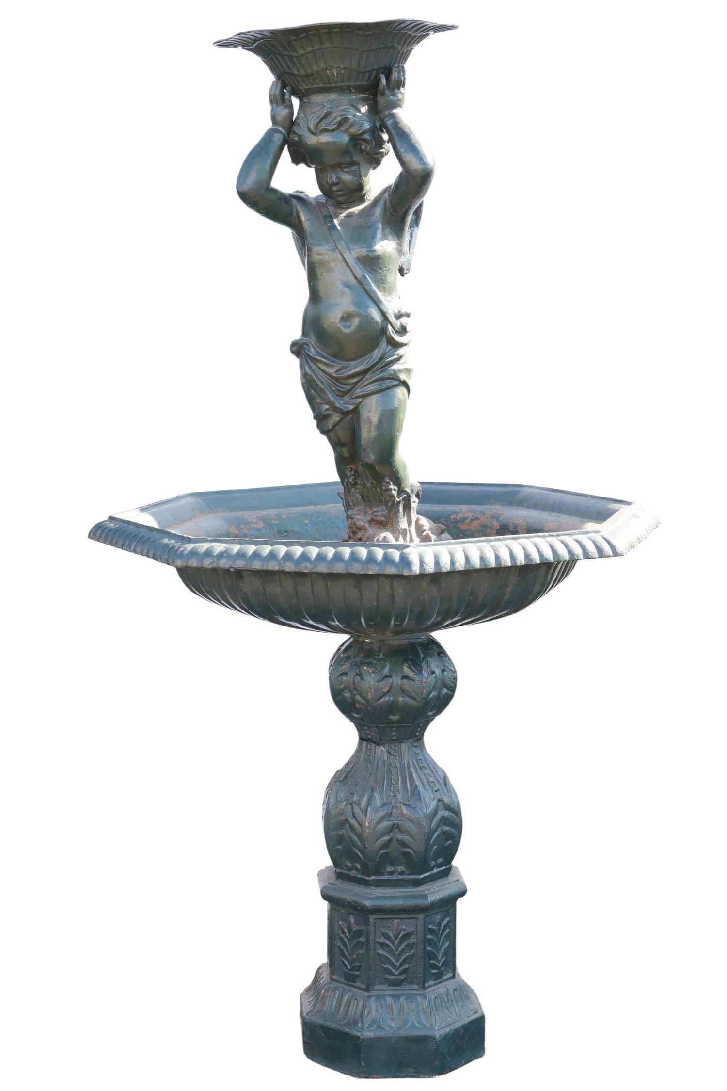 FRENCH CAST IRON CHERUB GARDEN FOUNTAIN, 82.25"H: Large French painted cast iron garden fountain, having winged cherub and shell fountain, rising in octagonal bowl, over foliate baluster form standard, ending on octagonal plinth base, approx 82.25"h,
