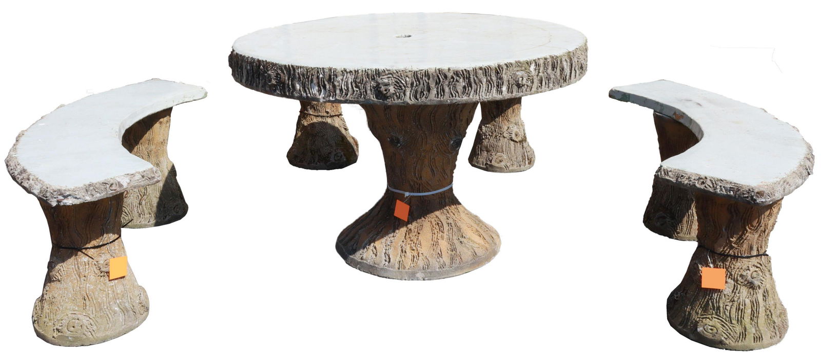 (4) PAINTED CAST CONCRETE FAUX BOIS PATIO SET: (lot of 4) Cast concrete faux bois garden table and benches, all with painted tops, and rising on naturalistic log-form bases, including: (1) table, having round top with hole in the middle to accommo