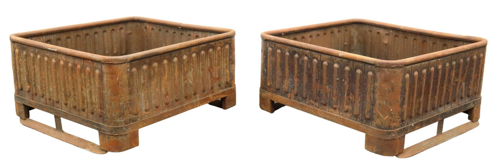 (2) LARGE CAST IRON GARDEN PLANTERS, 32"SQ: (pair) Large cast iron industrial crates, now fashioned as garden planters, rounded square frame, with molded sides, interior wood plank bottom, rising on bracket feet, further ending on support bar b