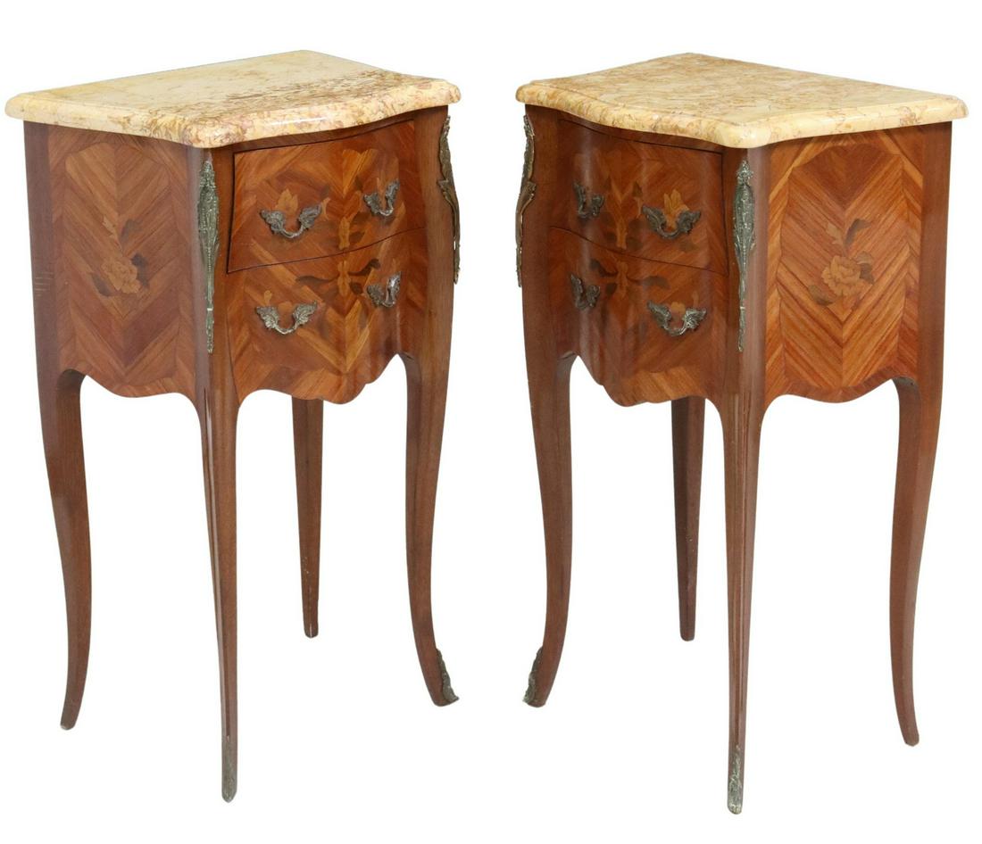 (2) FRENCH LOUIS XV STYLE MARBLE-TOP NIGHTSTANDS: (pair) French Louis XV style marble-top nightstands, 20th c., floral marquetry case, fitted with two drawers, rising on cabriole legs, ending on sabots, approx 30"h, 17 5/8"w, 12.75"d Start Price: $20