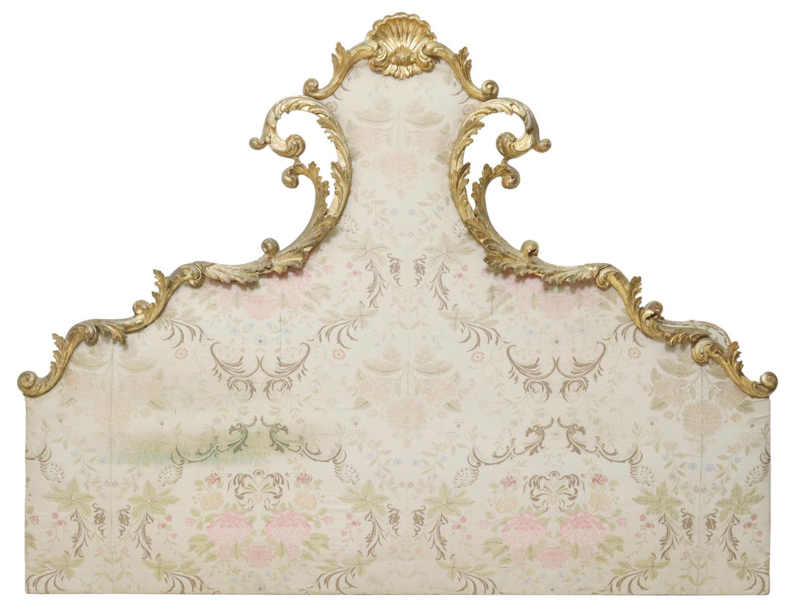 LOUIS XV STYLE GILT PAINTED & JACQUARD HEADBOARD: Louis XV style gilt painted headboard, early 20th c., having fanned crest, scrolled foliate frame, over floral jacquard upholstered backboard, some staining to upholstery at left side, typical small c