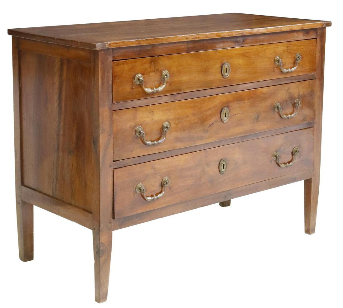 NEOCLASSICAL THREE-DRAWER COMMODE: Neoclassical three drawer commode, 19th c., hand chamfered back boards, rising on squared tapered legs, approx. 35"h, 45.5"w, 21.75"d Start Price: $400.00
