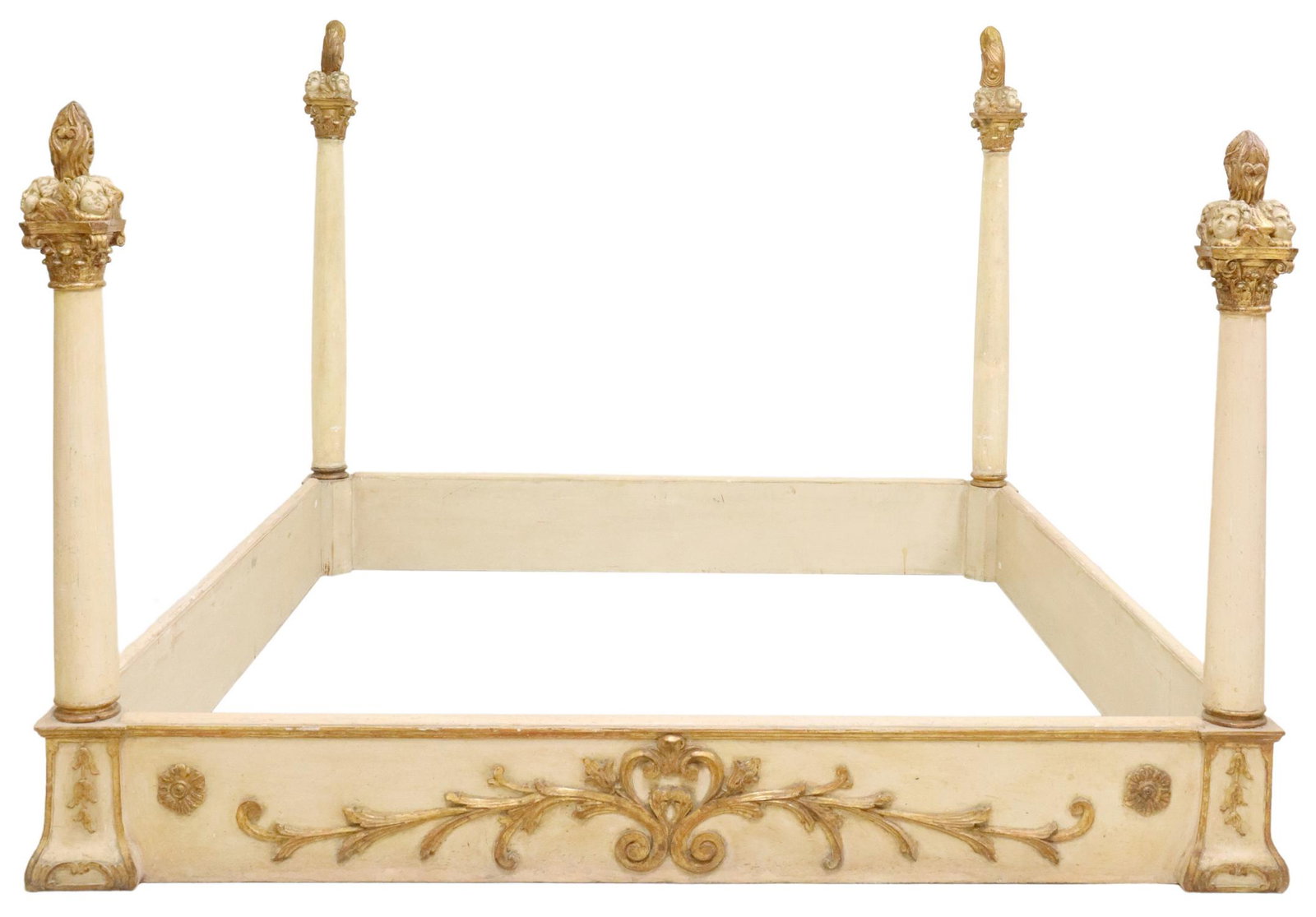 ITALIAN PARCEL GILT & PAINTED FOUR-POST BED: Italian four-post bed, 19th c., parcel gilt and painted frame, corner posts with carved finials, putti masks, Corinthian capitals, side rails with foliate scroll details, restoration to finials, exter