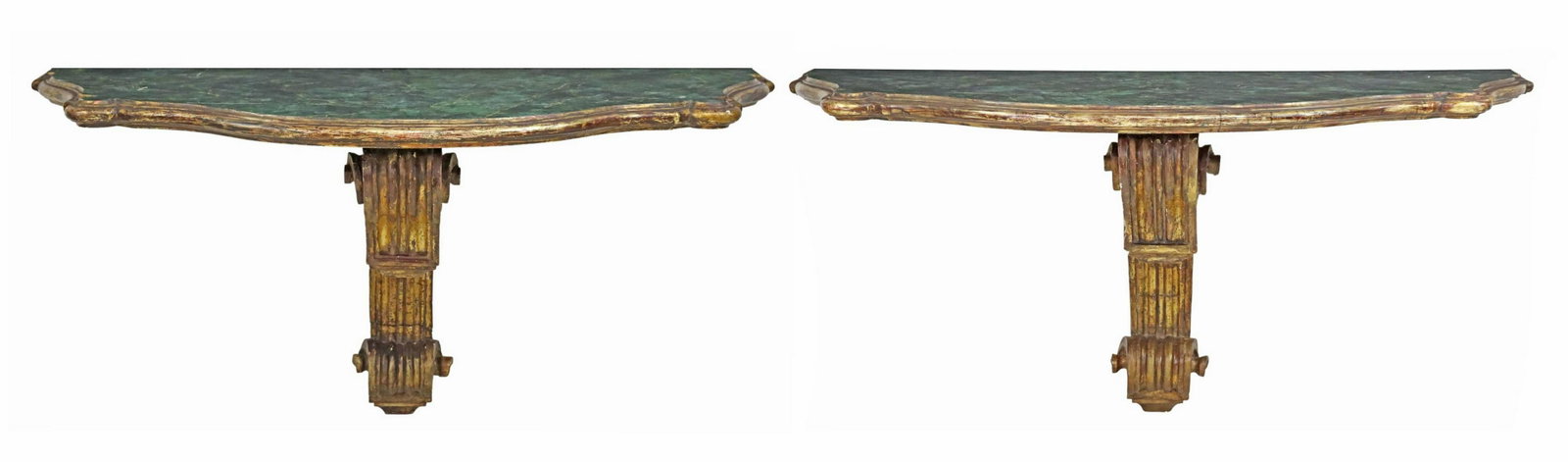 (2) LARGE ITALIAN GILTWOOD CONSOLES, 34" x 70.5": (pair) Monumental Italian carved and gilded wall consoles, with painted faux marble tops, approx 34"h, 70.5"w, 37.5"d Start Price: $750.00