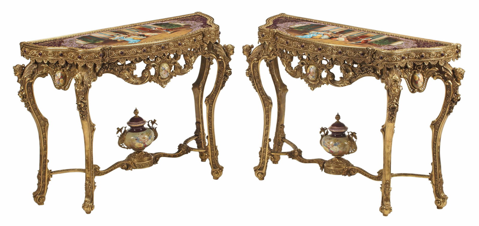 (2) LOUIS XV STYLE ORMOLU & PORCELAIN CONSOLES: (pair) Louis XV style bronze dore and transfer decorated porcelain console tables, approx 31.5"h, 46"w, 18.5"d Start Price: $800.00