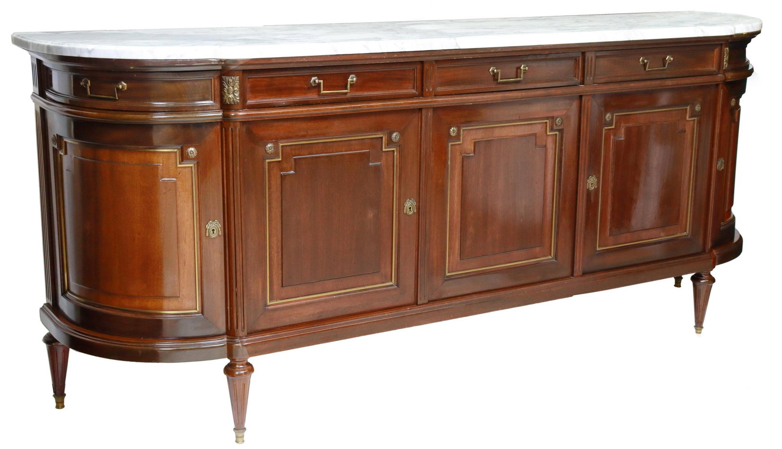 LOUIS XVI STYLE MARBLE-TOP MAHOGANY SIDEBOARD: French Louis XVI style marble-top sideboard, late 20th c., mahogany case with curved ends, fitted with five frieze drawers, over five cabinet doors, rising on tapering fluted legs, approx 41.25"h, 98.