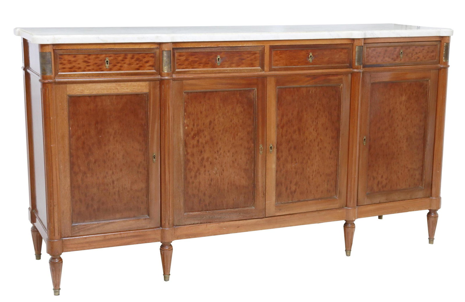 FRENCH LOUIS XVI STYLE MARBLE-TOP SIDEBOARD: French Louis XVI style sideboard, 20th c., having shaped marble top, case fitted with four drawers, over four cabinet doors, flanked by fluted side supports, rising on tapered legs, ending on capped f