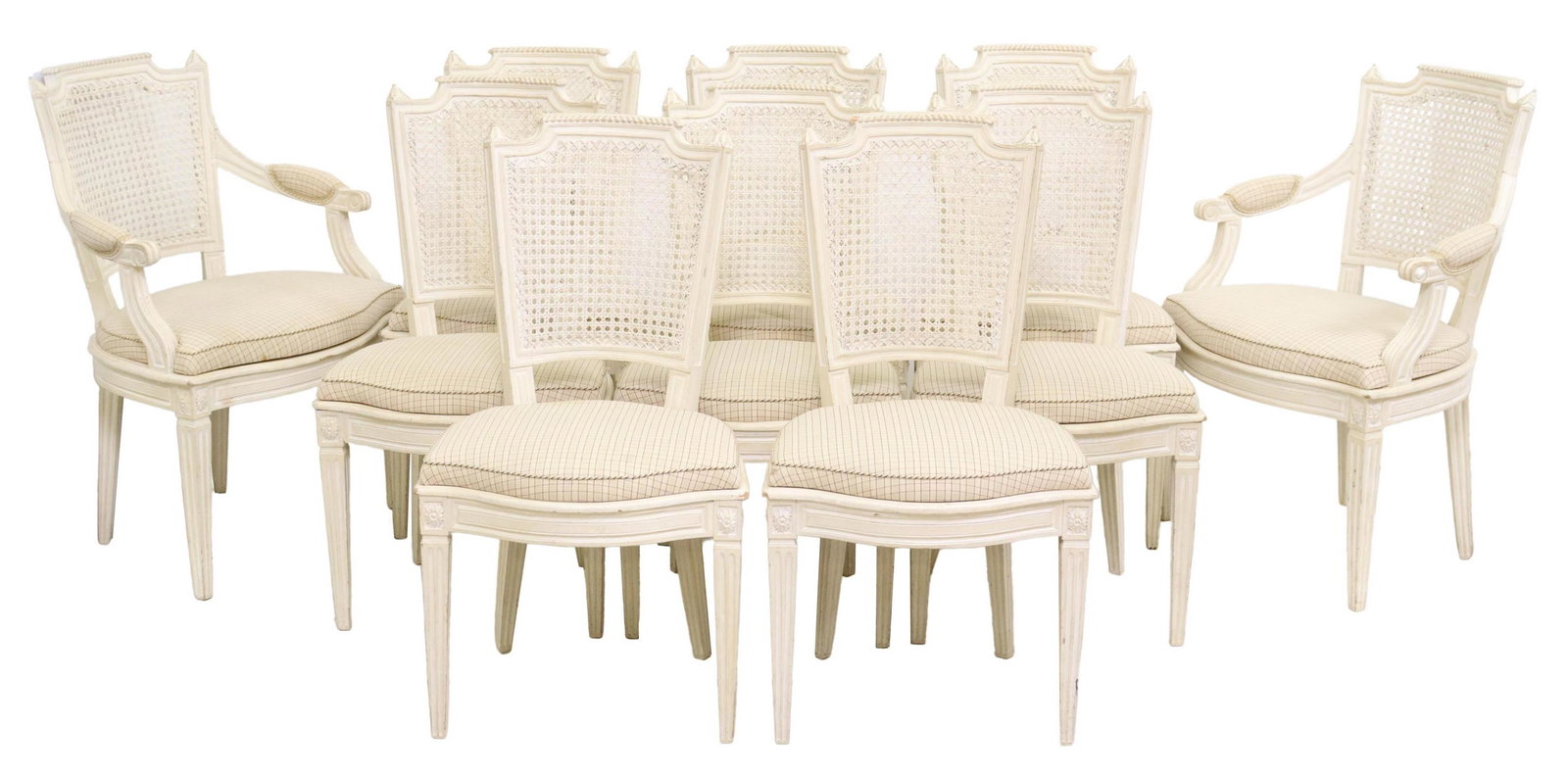 (10) FRENCH LOUIS XVI STYLE PAINTED DINING CHAIRS: (lot of 10) French Louis XVI style paint-decorated chairs, 20th c., having foliate finials, over caned back, upholstered seats, rising on fluted and tapered legs, some with breakage to cane, including