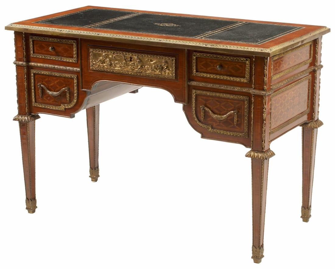 LOUIS XVI STYLE ORMOLU-MOUNTED WRITING DESK: Louis XVI style inlaid writing desk, with bronze dore mounts, approx 31"h, 43.5"w, 22"d Start Price: $250.00