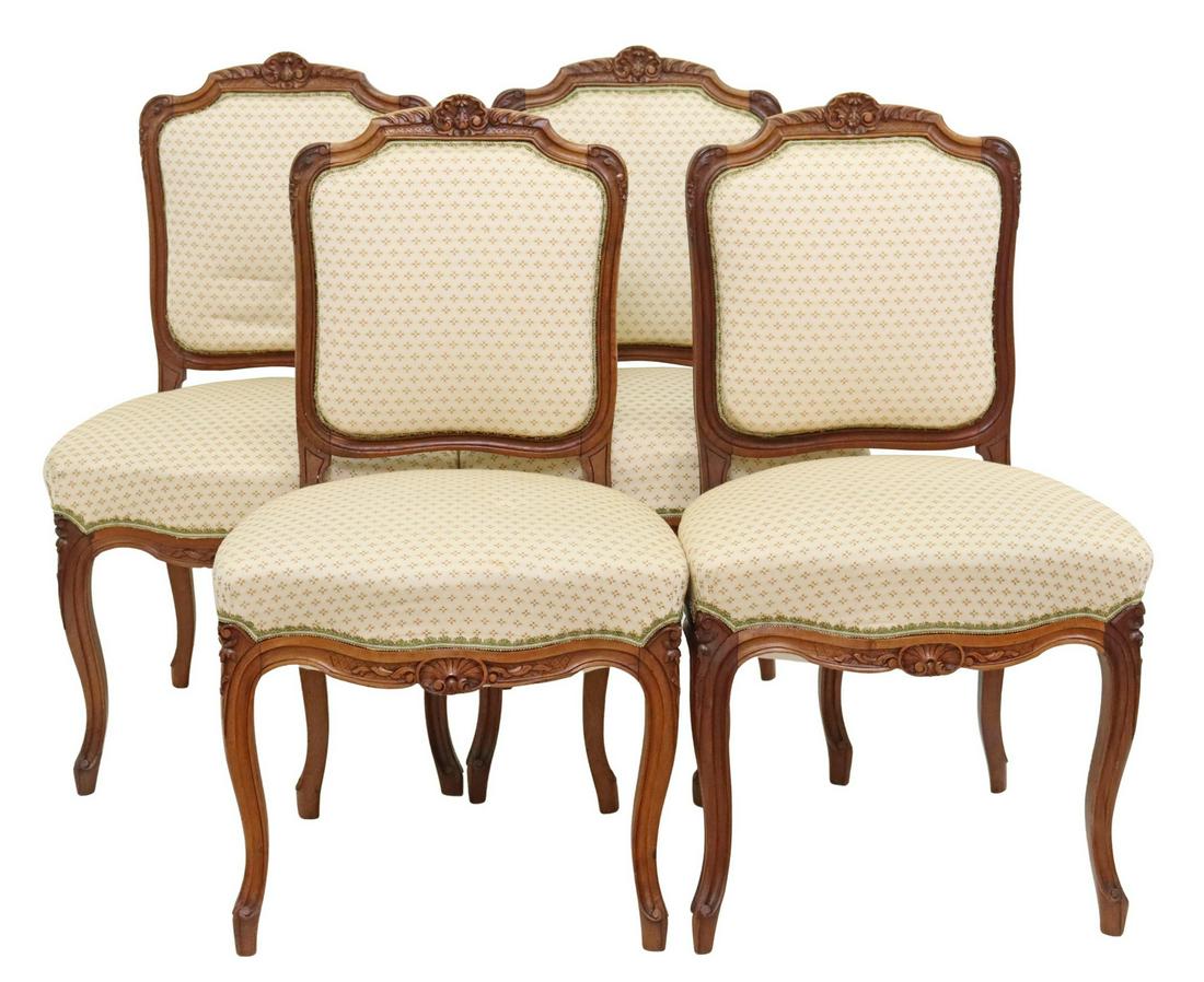 (4) FRENCH LOUIS XV STYLE UPHOLSTERED SIDE CHAIRS: (lot of 4) French Louis XV style side chairs, 20th c., having carved rocaille crest, in a floral upholstery, above shell motif apron, rising on cabriole legs, ending on whorl feet, approx 36.25"h, 20.